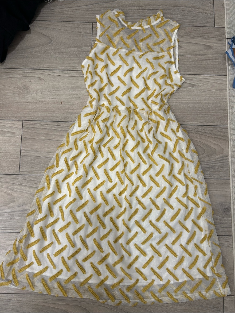 White Mesh Dress with Mustard Embroidered Pattern
